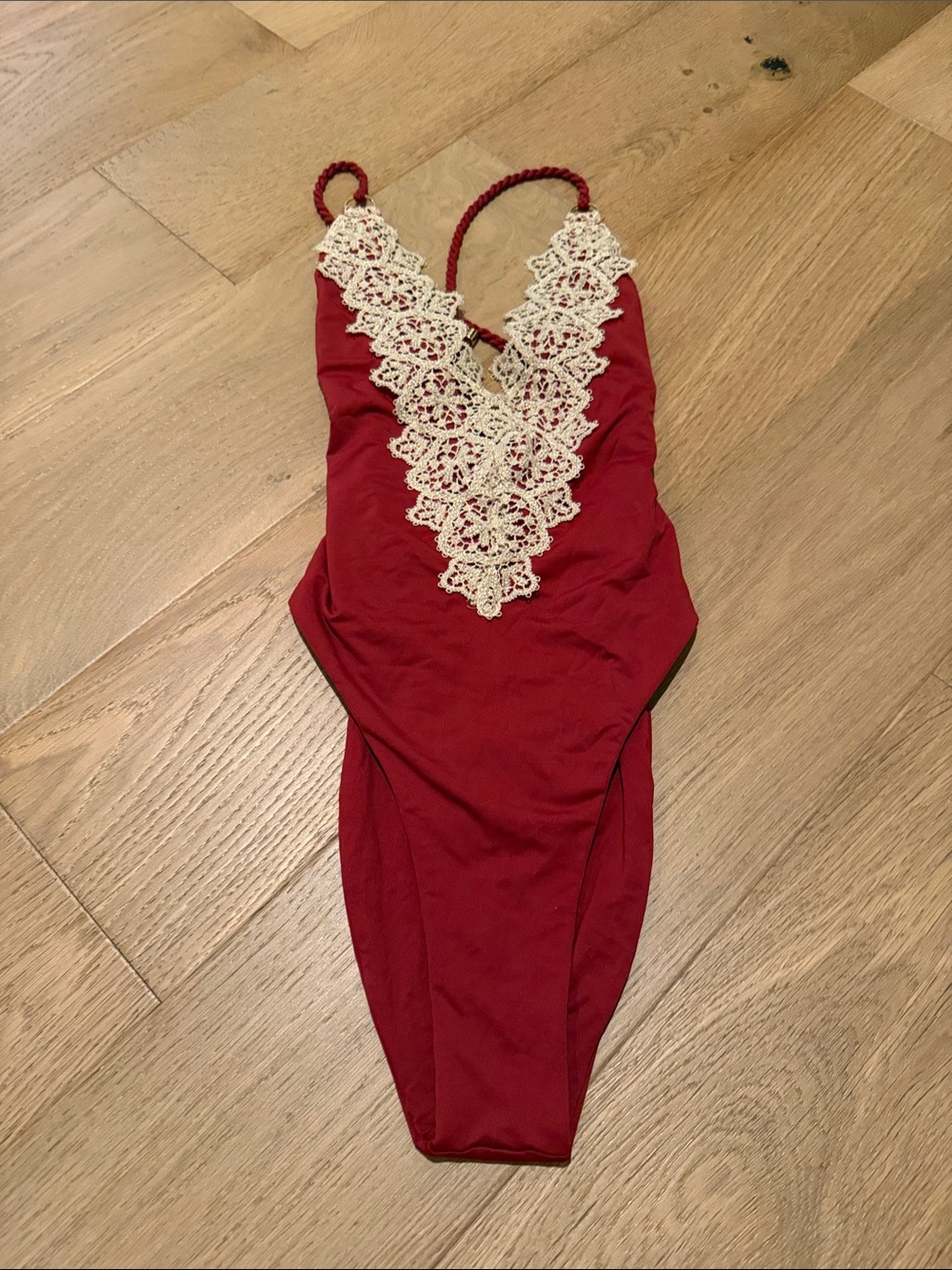 Blue Life Red One-Piece Swimsuit with Cream Crochet Trim